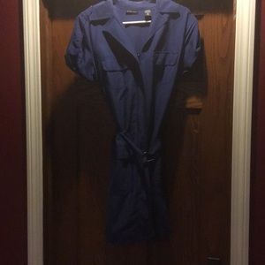 Navy blue silky utility dress.